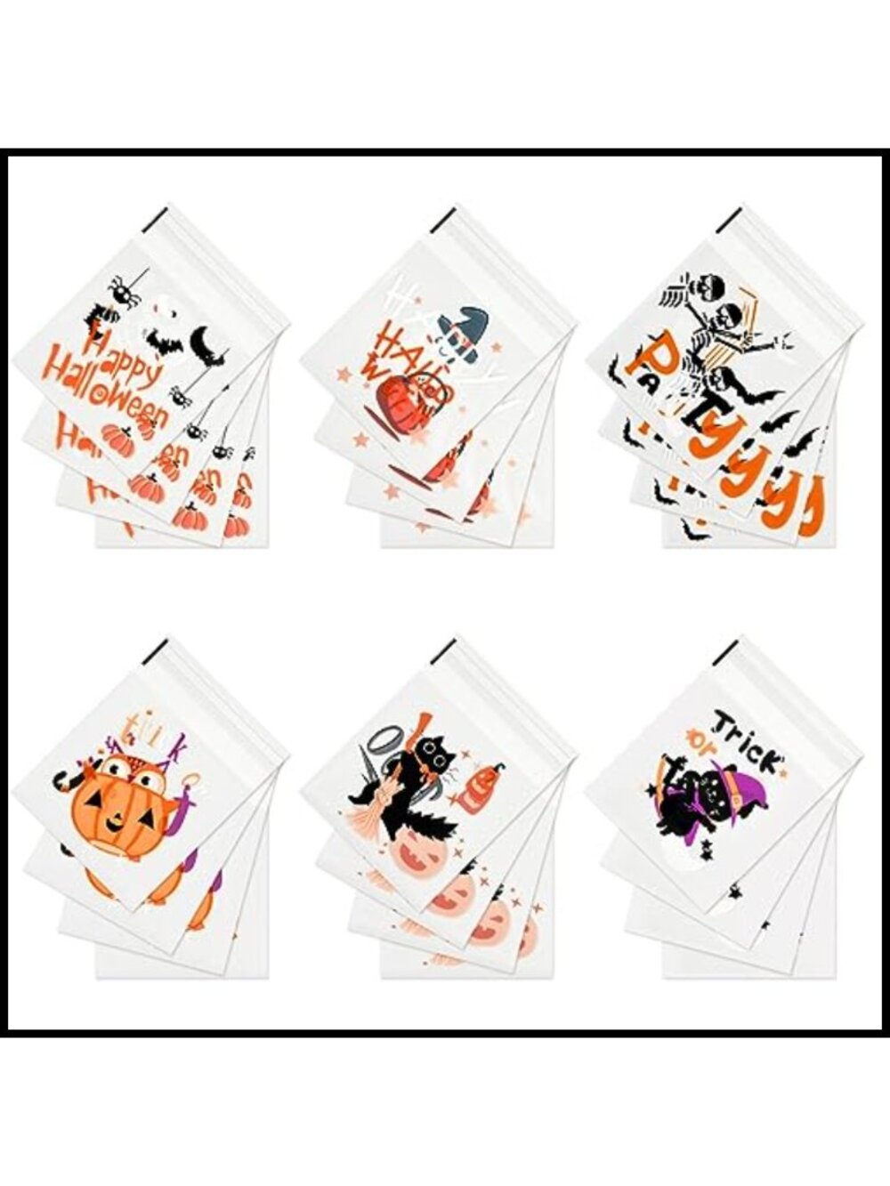 200PC Halloween Candy Bags Self-Adhesive Cellophane Treat Bags Party Favors